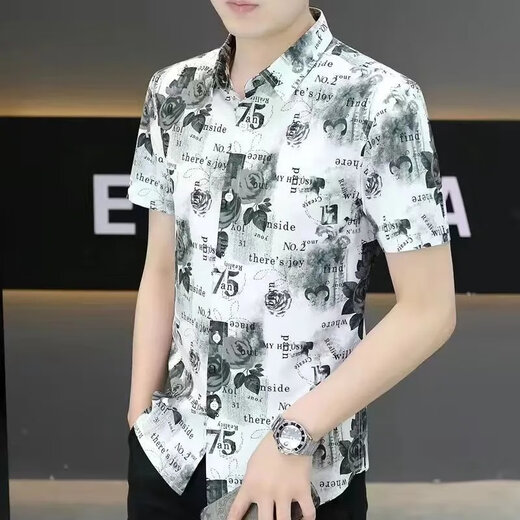 
Wanjun summer short-sleeved shirt for men's slim young and middle-aged printed casual new style 2025 shirt without ironing and anti-wrinkle trendy inch shirt ZJ-653 red 3XL 150-165Jin [Jin equals 0.5 kg]