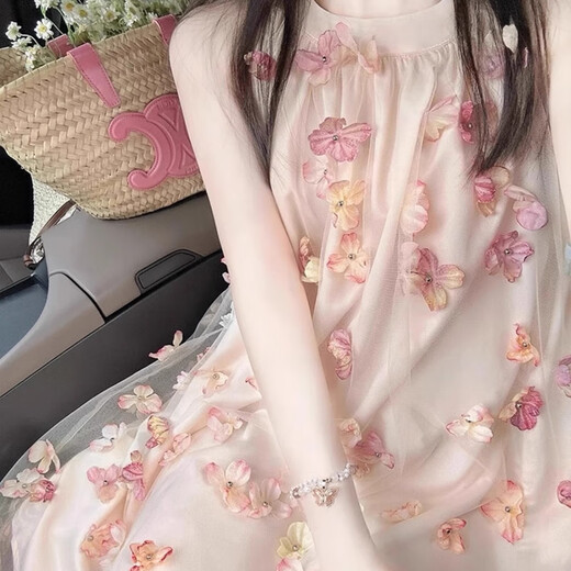 荣西图（RONGXITU）法式挂脖连衣裙夏日甜美小个子度假氛围感裙子 粉色*761 L