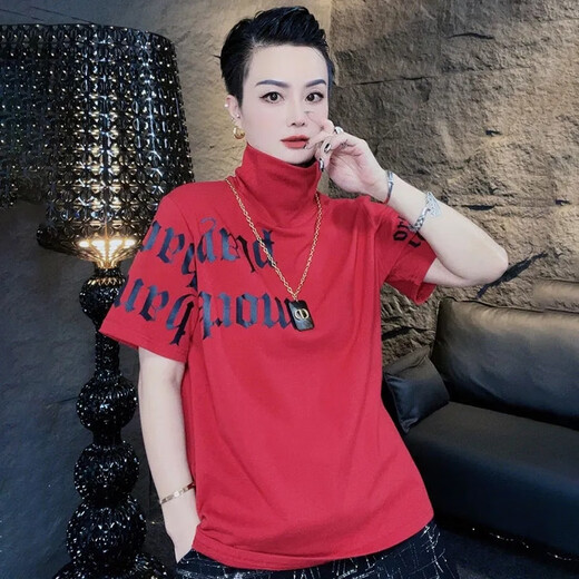 Départ Sky High Neck Clain Short Souche Femme Us d'été haut de gamme Goods européens Printemps et été à la mode à la mode imprimé High Cou Short Shirt Robe Femme Black [R Letter] 1283 # M convient à 80-105jin [Jin est égal à 0,5 kg] toutes taille