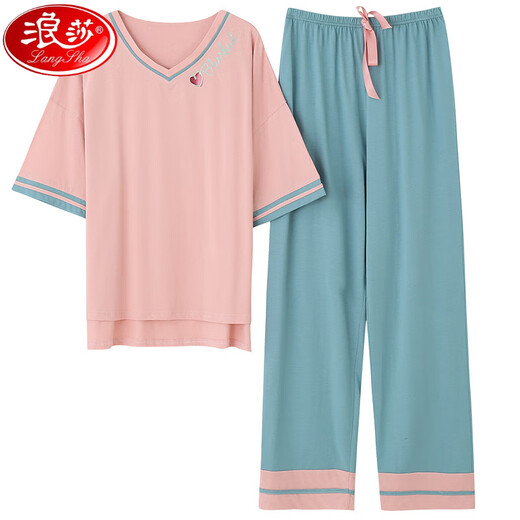 浪莎（LangSha）短袖长裤睡衣女士春夏季套头薄款春秋款大码宽松家居服套装可外穿 YD7371 2XL