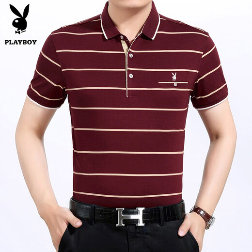 Playboy brand pure cotton middle-aged short-sleeved T-shirt for men's real pocket daddy's lapel POLO shirt men's t-shirt loose shirt 216 gray [short] L 17084A Recommended 120-140Jin [Jin equals 0.5 kg]