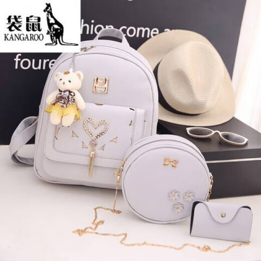 Kangaroo (KANGAROO) tassel backpack for women 2024 new Korean version of girl soft girl backpack backpack for women Chinese Valentine's Day gifts, off-white, off-white three-piece set + bear pendant