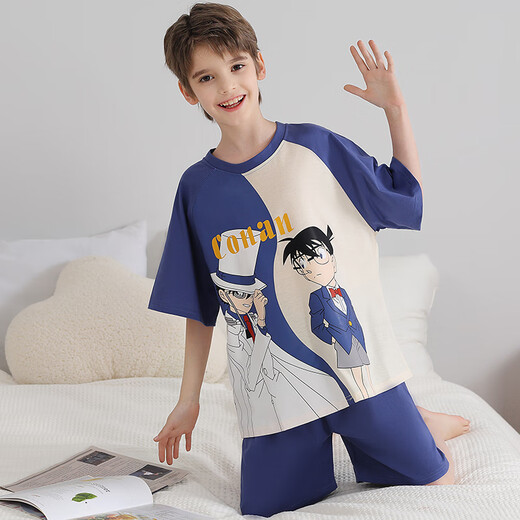 
Princess Kulomi suit for girls summer short-sleeved pajamas thin medium-sized and large children's fashionable pure cotton home clothes S671# boy's cotton short-sleeved [Conan] 150 [18 size recommended 140-150cm]