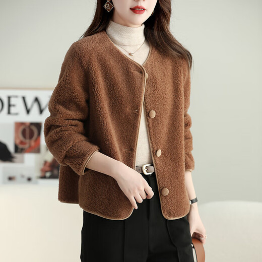 Ehangy Light Luxury Brand Short Coat Women's 2025 Winter New Style Elegant Lamb Wool Jacket Brown XS 80-99Jin Jin is equal to about 0.5 kg