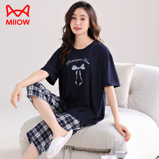 猫人（MiiOW）5XL特大码莫代尔睡衣女夏季短袖七分裤2025新款休闲简约风家居服 XPW7027 4XL
