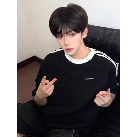 7 high-quality three-bar splicing short-sleeved boys summer trendy brand heavy small neckline half-sleeved tops wear large size clothes T-shirt LJWP-T92 black XL [125-145Jin [Jin equals 0.5 kg]]