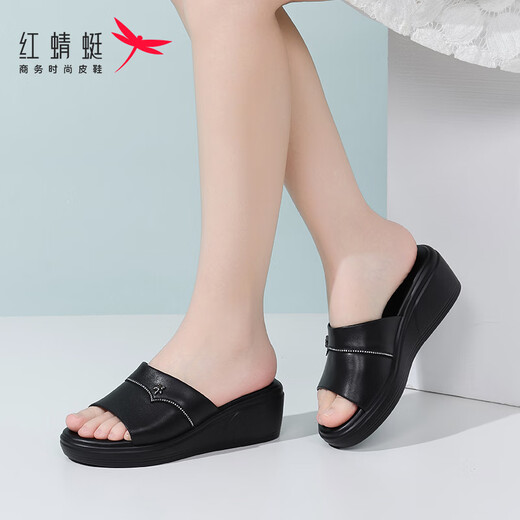 红蜻蜓拖鞋女厚底夏季真皮一字拖家居厚底增高水钻外穿皮拖鞋妈妈凉拖鞋 黑色（跟高6cm） 35