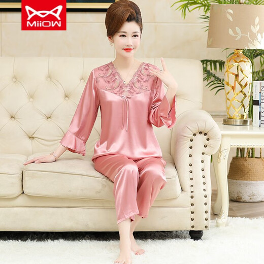 
Catman MIIOW ice silk pajamas for women with cropped sleeves new style summer middle-aged and elderly mothers can wear home clothes outside 683 bean paste [cronylene sleeves trousers] M Recommended 80-100Jin [Jin equals 0.5 kg]