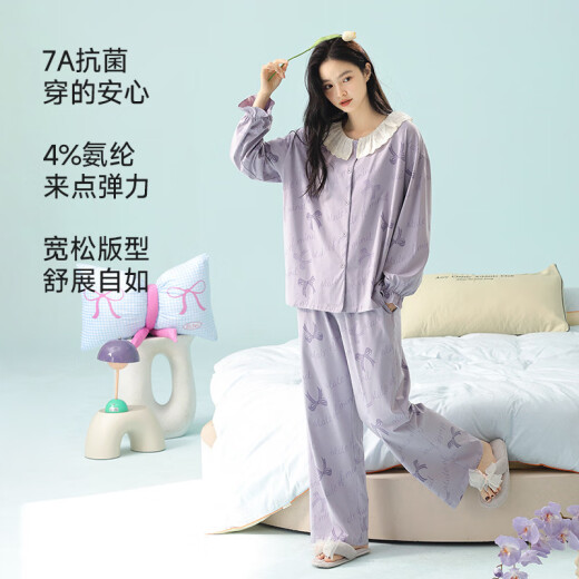 雅鹿春夏新疆棉可外穿睡衣女长袖96%棉睡衣春秋季A类棉家居服套装 3E3291【A类棉】 M ：建议体重80-100斤