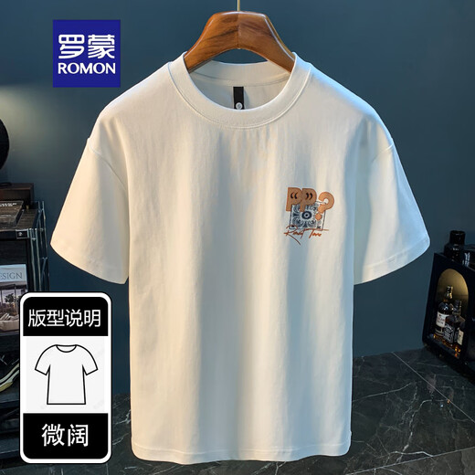 Camiseta de manga corta Romon Camiseta de moda de verano en verano Camiseta impresa Xinjiang Cotecillo de algodón Hermano Top T White 2 [ZJ1047 Versión de ajuste] L Adecuado para 109-123Jin [Jin iguala 0.5 kg]