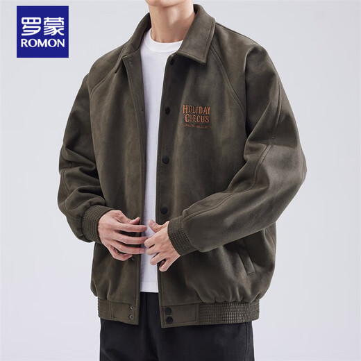 ROMON high-end lapel jacket men's autumn and winter new heavyweight imitation suede American retro casual cardigan jacket gray green L weight 120-140Jin Jin equals 0.5 kg