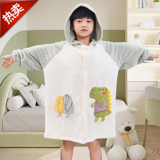 Baifei bath towel can be worn and wrapped around boys and girls bath skirt cloak long-sleeved water-absorbent quick-drying non-pure cotton water-absorbent children's bathrobe children's bathrobe-Green Dinosaur (small size) suitable for height