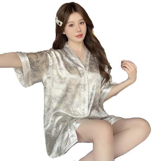 Modal National Trend Style Encre Peinture Ice Silk Home Clothes Two-Piece Set pour les femmes de pyjamas de grande taille à manches courtes à manches courtes à manches courtes.