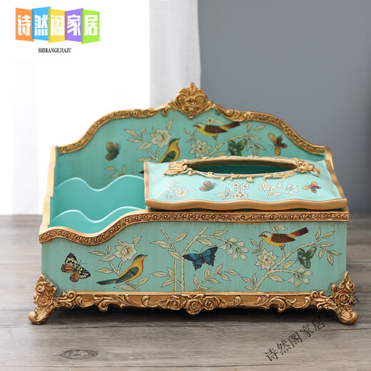 Europäische leichte Luxus-High-End-Fernbedienung Taschentuch-Aufbewahrungsbox Haushalt Amerikanische Box Wohnzimmer Multifunktions-Papierbox Retro-Papier 1047 Blue Oriole Blossom Side Drawer