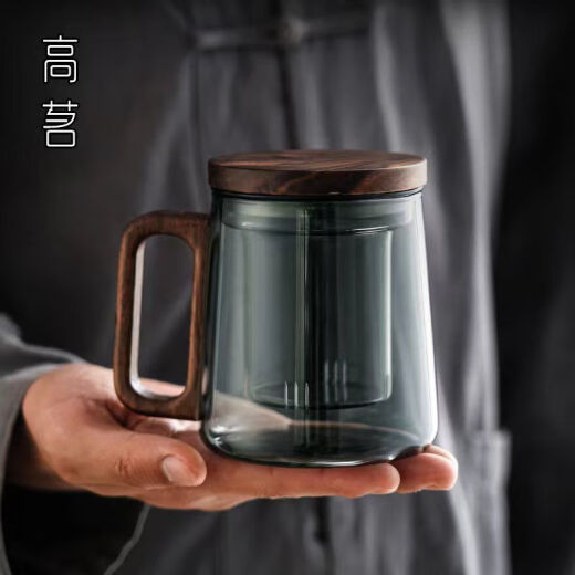 玻璃带盖茶杯个人专用男士茶道杯茶水分离带把办公室红茶水杯 9194泡茶三件杯榉木450ML 200mL(含)-400mL(含)