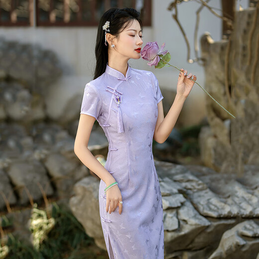 罗蒙品牌紫色蕾丝长款改良旗袍2025新款年轻款女国风复古修身日常可穿 18861紫 S