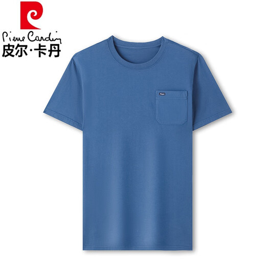 Pierre Cardin Algodón puro Camiseta de manga corta de algodón corto para hombres Camiseta de bolsillo de bolsillo real de color sólido de mante manga de cuello redondo.