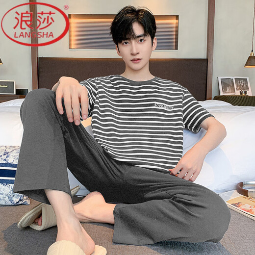 浪莎（LangSha）睡衣男士夏季纯棉短袖长裤薄款休闲条纹可外穿家居服套装 Y9207 93015 L 【建议100-130斤穿】