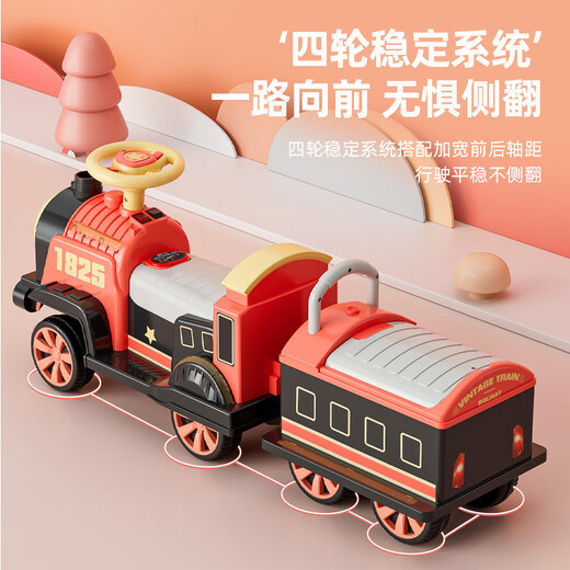 亨赞儿童电动小火车遥控车可坐人男女小孩玩具四轮汽车双座宝宝电瓶车 复古绿（遥控+喷雾+双电双驱-车