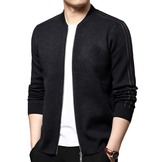 Knitted Cardigan Men's Zipper Baseball Collar 2025 Spring and Autumn Casual Solid Color Wool Jacket Trendy Sweater for Middle-aged and Young People Black Style M (Recommended 90-120 Jin Jin equals 0.5 kg)