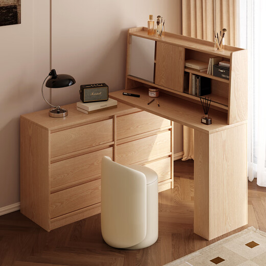 He Jiajiang all solid wood oak bedroom dressing table, cupboard and desk integrated corner dressing table, log style multi-functional dressing table, 1.2m cupboard + 1.2m dressing table + makeup stool, all solid wood