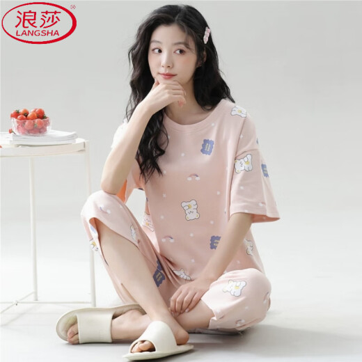 Langsha 2025 Neue Pyjamas für Frauen im Sommer Dünne kurzärmelige Kumpelhosen lässig Loose Girl Home Anzug zweiteiler Set 7029# M [Empfohlen 70-95Jin [Jin gleich 0,5 kg]]