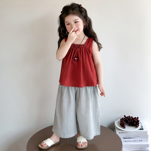 Girls Summer Set 2025 Neue modische Kinderkleidung 1-3 ärmelloses kleines Mädchen Sommer zweiteiliger Set 3-6 Jahre alte Burgund Dünnstil 120 cm