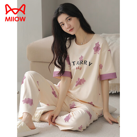 猫人（MiiOW）夏季女士短袖睡衣套装纯棉全棉长裤家居服春秋薄款春秋天可外穿 Y9712 M (建议75-95斤)