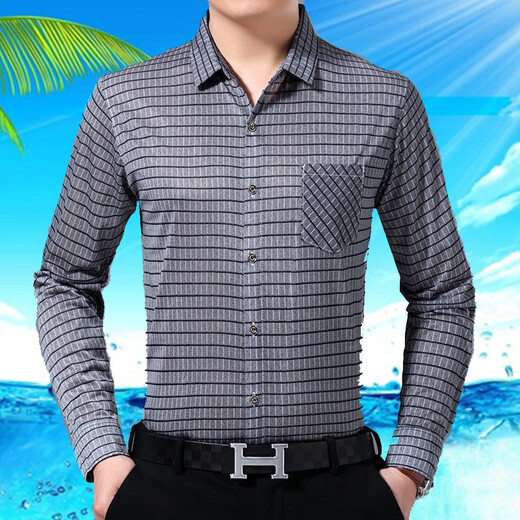 Zhongfanzhi middle-aged men's long-sleeved shirt summer ice silk dad shirt middle-aged people sun protection real pocket shirt short sleeve 9905 blue [long sleeve] M 165