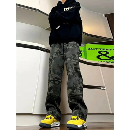 迪伽达迷彩裤子男士春秋夏季新款修身伐木工装美式高街直筒微喇牛仔裤 DFFS-671迷彩色 L