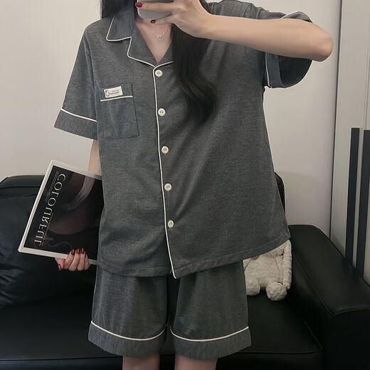 雅鹿韩版简约纯色纯棉睡衣女短袖短裤夏季两件套宿舍家居服套装 9903#黑色 M 80-100斤