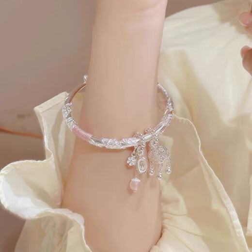 Wanmu Fanhua Brocade Sterling Placelet Silver's Femen's 9999 Foot Silver Peace Peace Lock Pulsel de estilo de estilo joven para novia Pink + Kt Cat 30g Foot Silver 9999+ Certificado de regalo [Título]