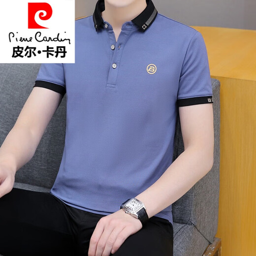 Pierre cardin knitted 2025 summer new men's short-sleeved T-shirt lapel t-shirt trendy casual ice silk collared half-sleeved top black QY682 3XL Recommended 165-180Jin [Jin equals 0.5 kg]