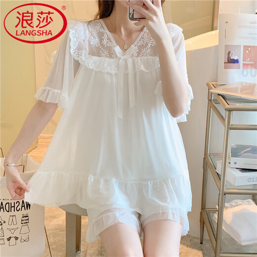 Camisón Langsha (Langsha) Camiseta para mujeres en el verano encaje de manga corta sexy blanca malla pijama de seda vestido de encaje modal de encaje de encaje e_w7373# falda de malla de manga corta M [85-105Jin [Jin equivale a 0.5 kg]]]