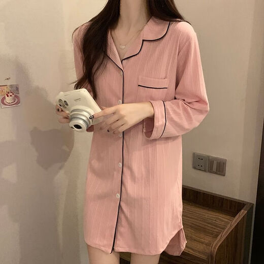 COLORFUL GEMS bean paste color pajamas for women new long-sleeved nightgowns for home clothes spring, summer and autumn boyfriend style 681# bean paste color shirt skirt 170 M (75-95Jin[Jin equals 0.5 kg])