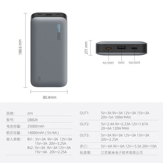 ZMI20号移动电源200W快充充电宝适用小米黑鲨苹果三星手机笔记本 铁灰色20号英文版充电宝QB826G 25000mAh