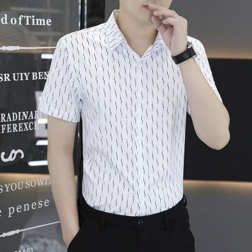 罗蒙条纹夏季冰丝潮流男士短袖免烫衬衫衬衣休闲商务薄款新款抗皱韩版 7029黑色 M  95-110斤