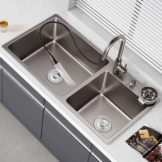 JOMOO Gun Gray 304 Stainless Steel Double Sink Kitchen Thickened Undercounter Basin Wash Basin Washing Sink Hand Sink Set Deep E5-8143 Sink + Two-speed Pull-out Faucet + Purified Water