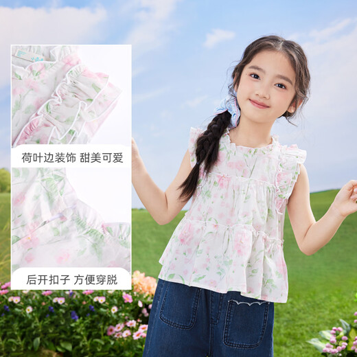 Inman girls' pure cotton breathable shirt with flying sleeves summer new medium and large children's short-sleeved top with ruffle decoration pink flower 140