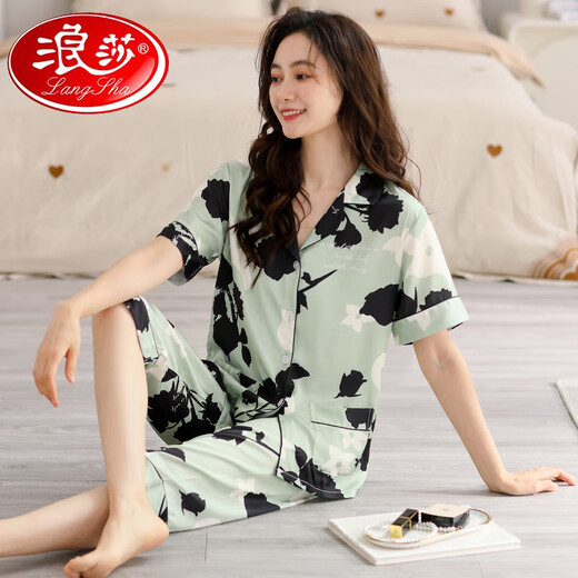 Langsha 2025 sinnlicher Pyjama-Sommer-Sommer-Kurzarm-Kurzhose Seidenmutter Revers Home Clothing Set Outdoor MD983 M [Vorgeschlagen 80-100jin [Jin ist 0,5 kg]]