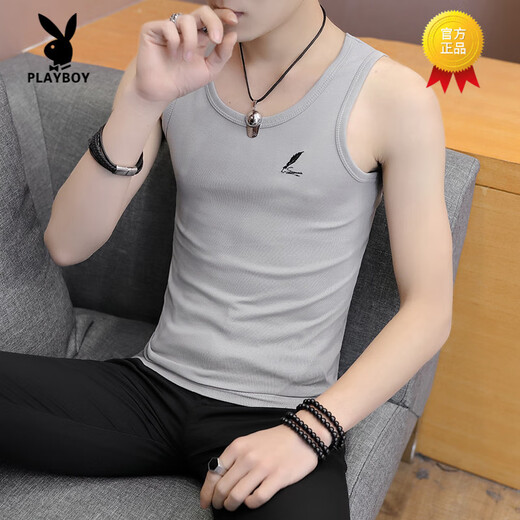 
Playboy (PLAYBOY) Men's summer pure cotton vest thin tight elastic fitness vest sleeveless sports T-shirt solid color base shirt 6296 gray solid color XL 120-135Jin [Jin equals 0.5 kg]