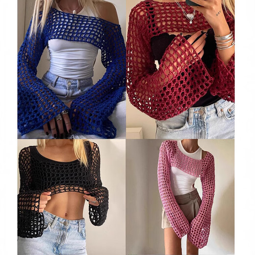 
Single Nanwei European and American cross-border women's spring top hollow sweater mesh blouse ultra-short casual and versatile sun protection sweater off white, single size