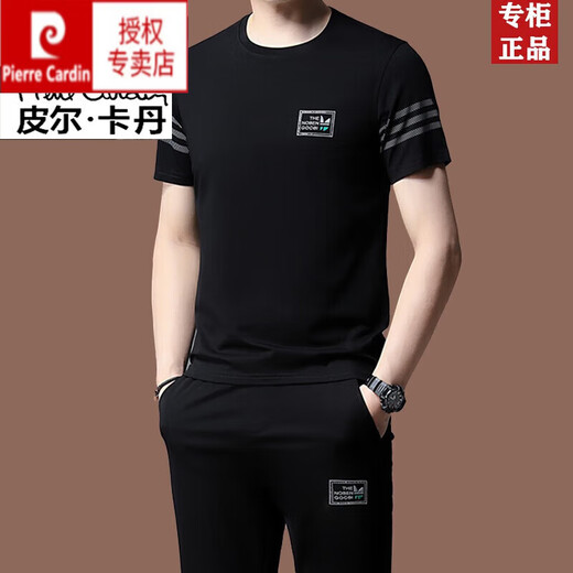 皮尔卡丹夏季男士休闲短袖t恤运动套装薄款冰感桑蚕丝中年潮流两件套针织 旗舰官方-黑色两件套【13062】 M 170(建议90-120斤)