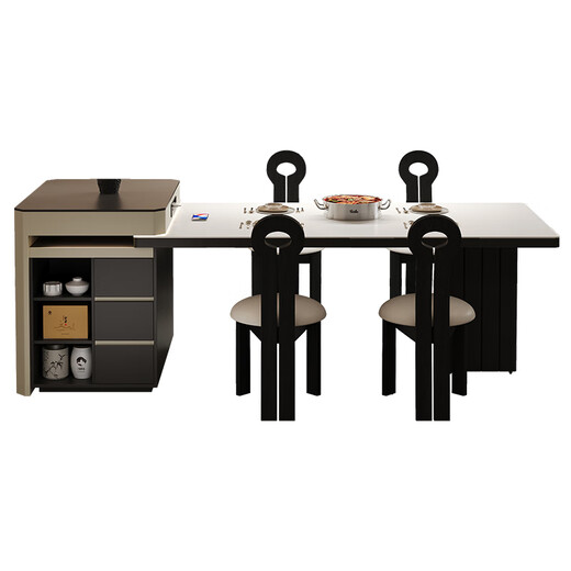 Xinyi modern simple light luxury style slate island dining table household one-piece retractable multi-functional island solid wood dining table retractable island (including cabinet) + horn chair*6 1.6m (orbital socket) double hole tea stove