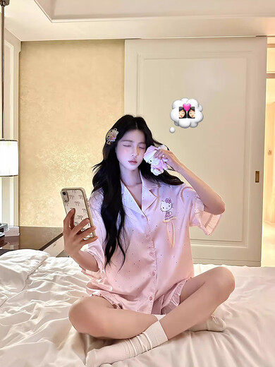 Talihong Bing Seide coole Pyjamas für Frauen im Sommer mit Brustpolster kurzärmeld dünn 2025 neuer süßer Cartoon -Heimkleidung Set 9905kt Katze Fixe Brustpolster m