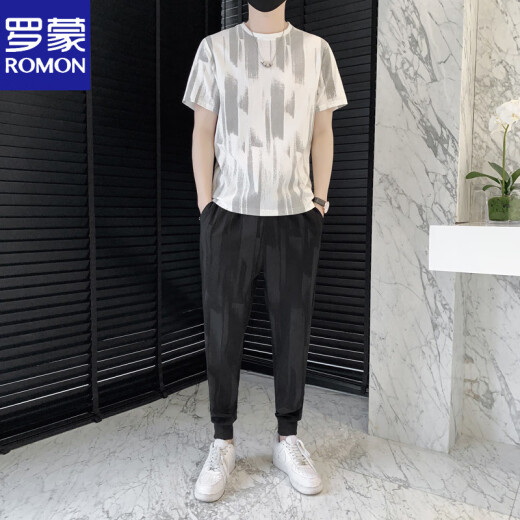罗蒙（ROMON）套装男夏季冰丝短袖t恤男士潮流修身帅气九分长裤休闲运动两件套 白色719 M 建议85-105斤