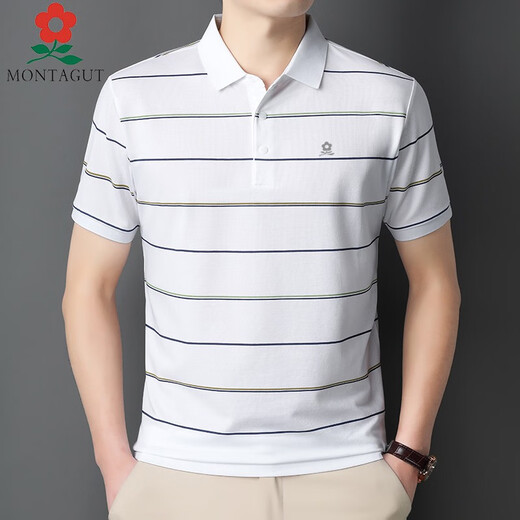Mengtejiao summer mulberry silk short-sleeved T-shirt men's middle-aged daddy's suit striped lapel half-sleeved Polo shirt 723 Baolan average size 165/m suggests 100-115Jin [Jin equals 0.5 kg]