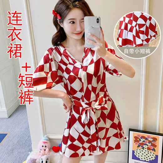 维多利亚的格调女士睡衣夏日式新款冰丝短袖可外穿夏天薄款仿真丝加肥家居服 1278小白球 3XL 140-160斤