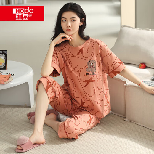 红豆（Hodo）官网【央妈推荐】方舰店旗睡衣女款夏季夏天春秋款纯棉短袖七分裤全棉家居服套装 YZT9853 M 【建议80-95斤穿】
