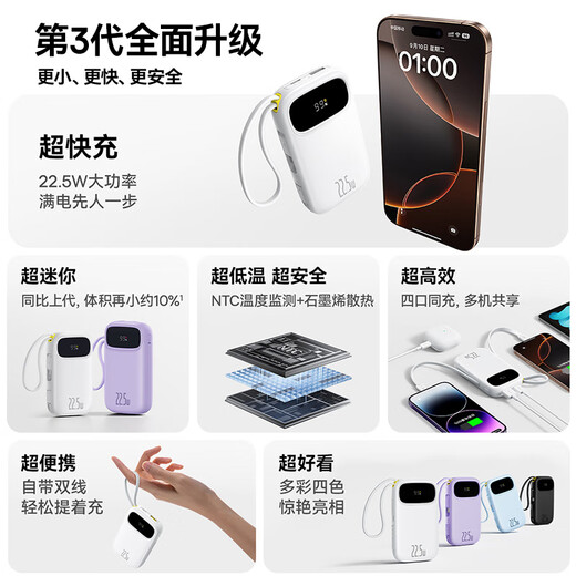 Baseus national standard 3C certified power bank 20000 mAh comes with dual-wire 22.5W fast charging mobile power supply, can be used on airplanes, suitable for Apple Android Xiaomi mobile phones